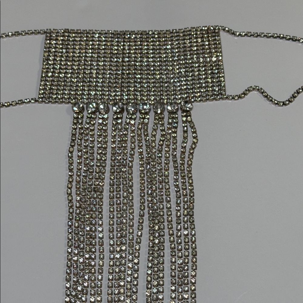 Silver Chain Fringe Necklace Chocker with Multiple Chains and Rhinestones. 23” - Picture 6 of 10